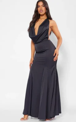 Black Satin Extreme Cowl Neck Maxi Dress