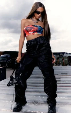 Black Satin Extreme Ruched Detail Cargo Pants