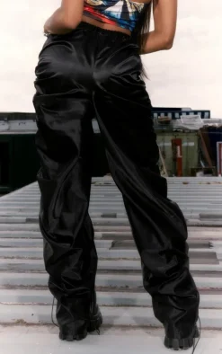 Black Satin Extreme Ruched Detail Cargo Pants