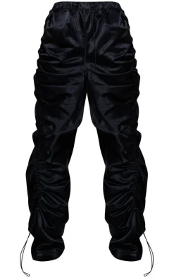 Black Satin Extreme Ruched Detail Cargo Pants
