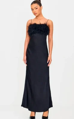 Black Satin Feather Bust Detail Maxi Dress