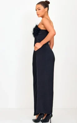 Black Satin Feather Bust Detail Maxi Dress