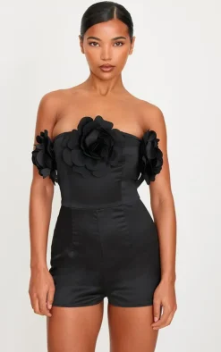 Black Satin Floral Corsage Detail Bandeau Romper