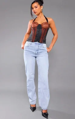 Black Satin Floral Lace Halter Neck Corset