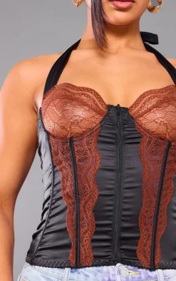 Black Satin Floral Lace Halter Neck Corset