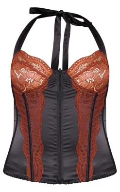 Black Satin Floral Lace Halter Neck Corset