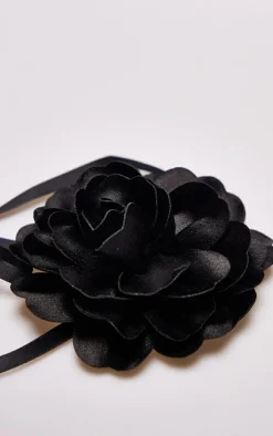 Black Satin Flower Tie Ribbon Choker