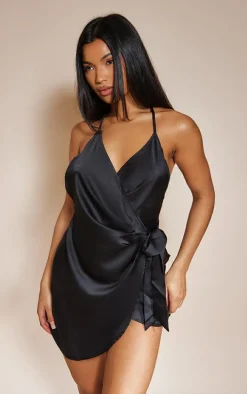 Black Satin Halterneck Wrap Bodycon Dress