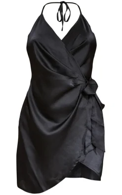 Black Satin Halterneck Wrap Bodycon Dress