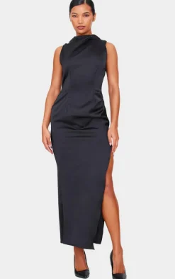 Black Satin High Neck Ruched Back Detail Midi Dress