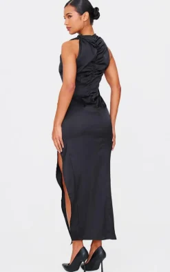 Black Satin High Neck Ruched Back Detail Midi Dress