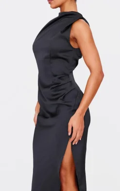 Black Satin High Neck Ruched Back Detail Midi Dress