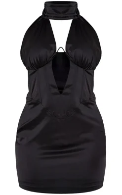Black Satin High Neck Underwired Corset Bodycon Dress