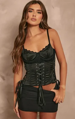 Black Satin Insert Lace Up Front Corset Top