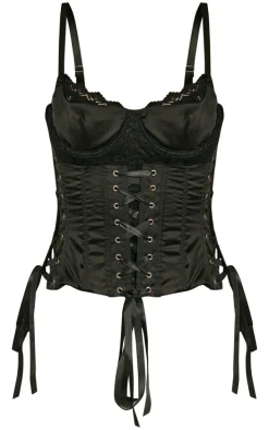 Black Satin Insert Lace Up Front Corset Top