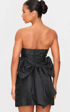 Black Satin Jacquard Floral Oversized Bow A Line Shift Dress