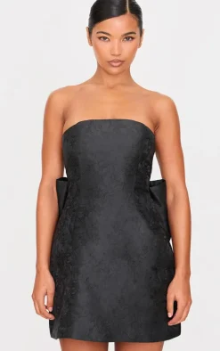 Black Satin Jacquard Floral Oversized Bow A Line Shift Dress