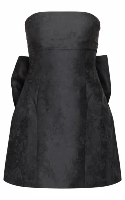 Black Satin Jacquard Floral Oversized Bow A Line Shift Dress