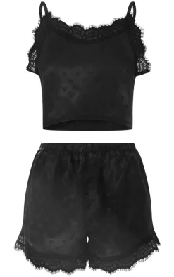 Black Satin Jacquard Lace Trim Cami And Short Pj Set
