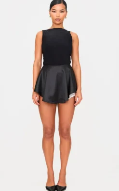 Black Satin Lace Detail A Line Mini Skirt