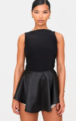 Black Satin Lace Detail A Line Mini Skirt