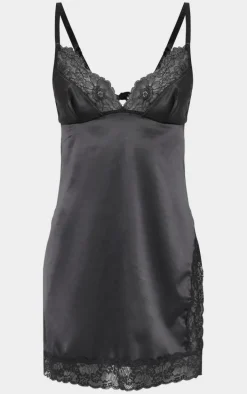 Black Satin Lace Split Detail Slip Dress