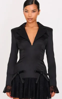 Black Satin Lace Trim Bow Blazer Dress
