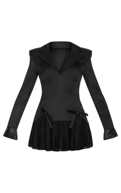Black Satin Lace Trim Bow Blazer Dress