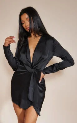 Black Satin Long Sleeve Wrap Dress