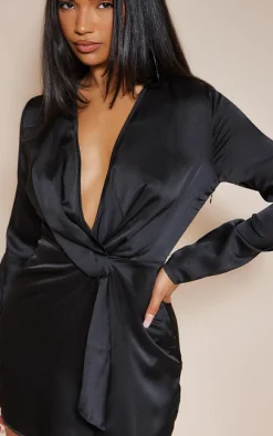 Black Satin Long Sleeve Wrap Dress