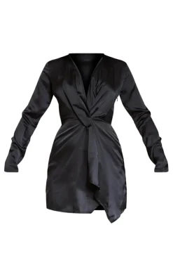 Black Satin Long Sleeve Wrap Dress