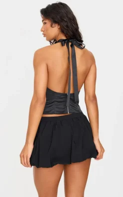 Black Satin Low Back Halteneck Long Top