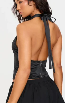 Black Satin Low Back Halteneck Long Top