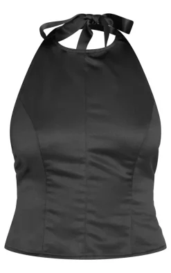 Black Satin Low Back Halteneck Long Top