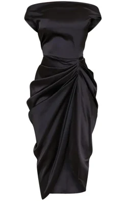 Black Satin Off The Shoulder Draped Skirt Midi Dress