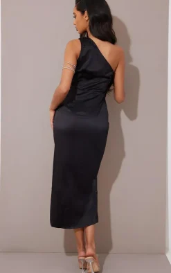 Black Satin One Shoulder Pleat Detail Midi Dress