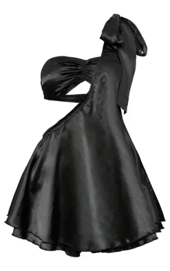 Black Satin One Shoulder Cut Out Floaty Skort Romper