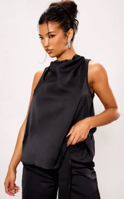 Black Satin Open Back Longline Top