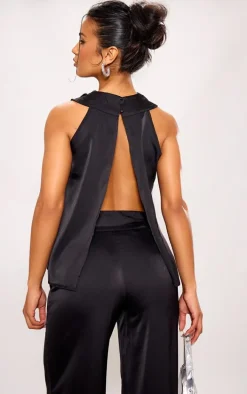 Black Satin Open Back Longline Top