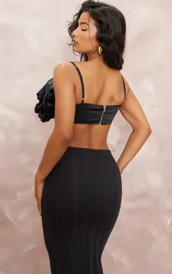 Black Satin Oversized Applique Flower Bralet