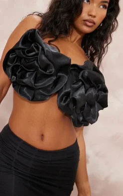 Black Satin Oversized Applique Flower Bralet