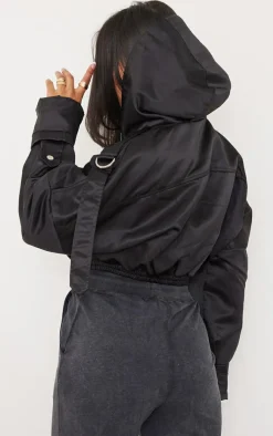 Black Satin Oversized Hooded Utility Bomber Jacket