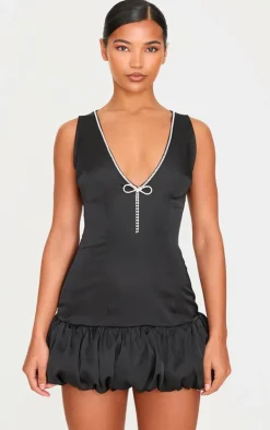 Black Satin Plunge Diamante Bow Puff Hem Bodycon Dress
