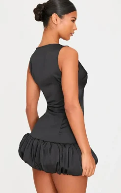 Black Satin Plunge Diamante Bow Puff Hem Bodycon Dress