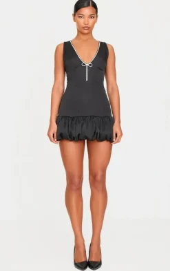 Black Satin Plunge Diamante Bow Puff Hem Bodycon Dress