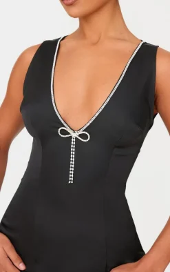 Black Satin Plunge Diamante Bow Puff Hem Bodycon Dress