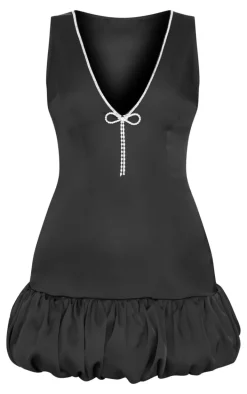 Black Satin Plunge Diamante Bow Puff Hem Bodycon Dress