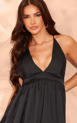 Black Satin Plunge Puffball Mini Dress