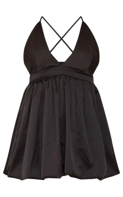 Black Satin Plunge Puffball Mini Dress