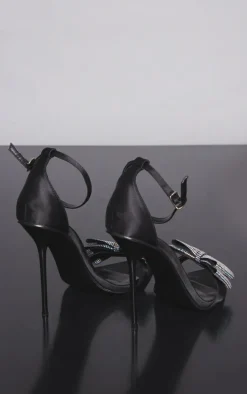 Black Satin Point Toe Diamante Bow Detail High Stiletto Heeled Sandals